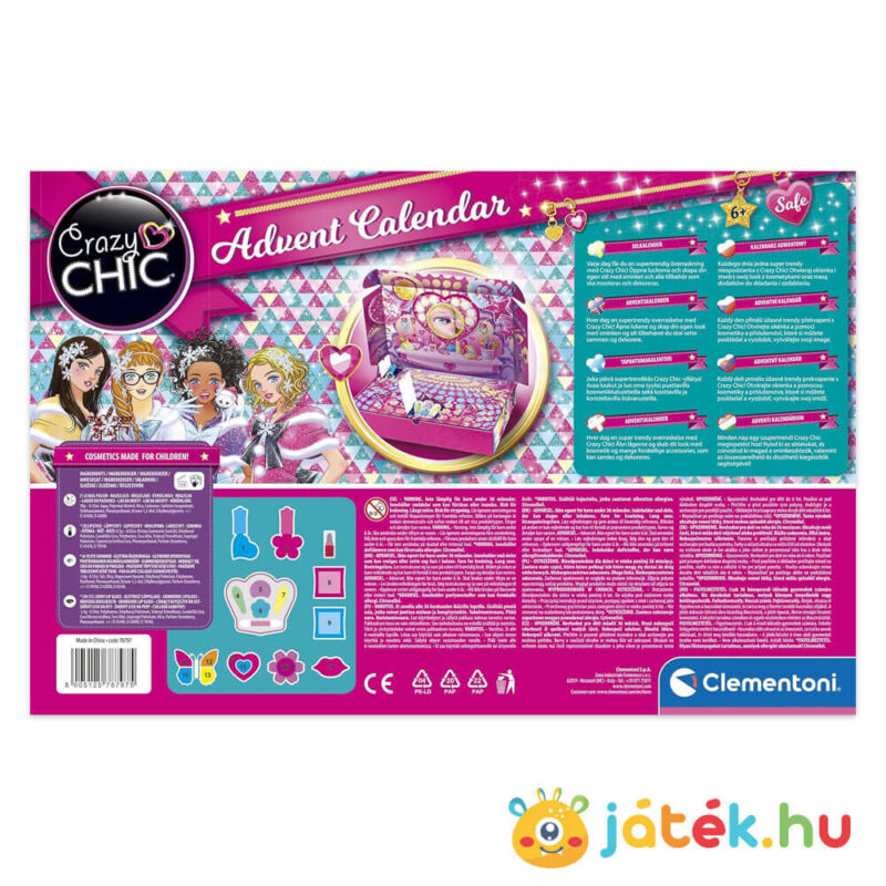 Crazy Chic: Adventi kalendárium sminkeszközökkel, beauty termékekkel, doboza, hátulról lányoknak (Clementoni)
