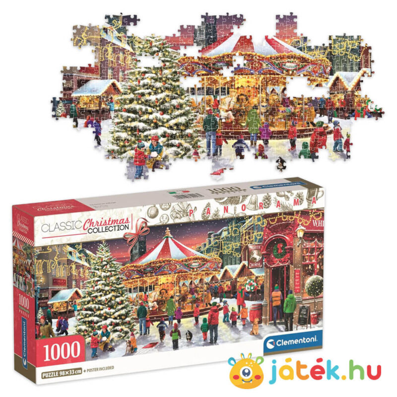 Meghitt karácsonyi vásár, 1000 db-os panoráma puzzle doboza (Clementoni Christmas Collection, 39928)