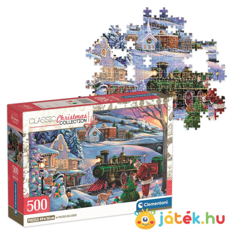 Télapó karácsonyi ajándékvonata, 500 db-os puzzle doboza és részlete (Clementoni Christmas Collection, 35566)