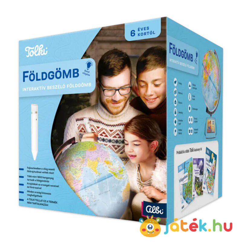 Tolki: Interaktív földgömb, készségfejlesztő játék doboza, balról