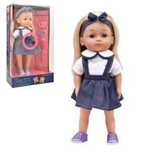 Magyarul beszélő, fésülhető Charlotte játékbaba, farmer szoknyában, 36 cm (Dolls World)