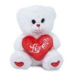 Szerelmes, fehér maci plüss szívvel, szivecskés tappancsokkal, 15 cm