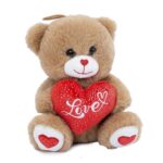 Szerelmes, barna maci plüss szívvel, szívecskés tappancsokkal, 15 cm