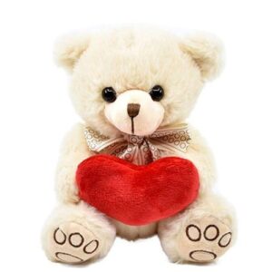 Szerelmes, masnis krém színű plüss maci szívvel, 20 cm