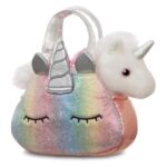 Fehér, egyszarvú unikornis plüss szivárványszínű kis táskában, 21 cm (Aurora, Fancy Pals)