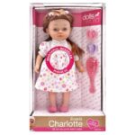 Magyarul beszélő, fésülhető Charlotte játékbaba, virágos ruhában, 36 cm (Dolls World)