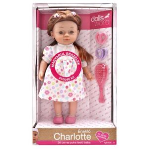 Magyarul beszélő, fésülhető Charlotte játékbaba, virágos ruhában, 36 cm (Dolls World)