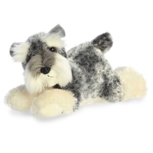 Élethű, fekvő plüss Schnauzer kutya, 20 cm Aurora, Mini Flopsies)